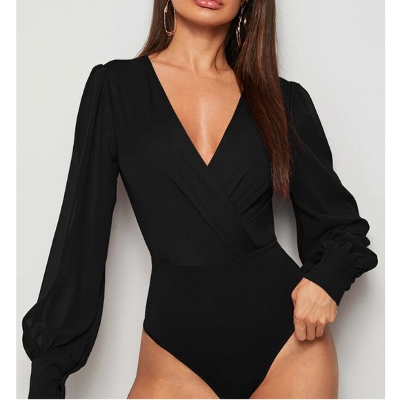 Rouge! Tops - Black Elegant V neck Bodysuit Long Bishop Sheer Sleeves